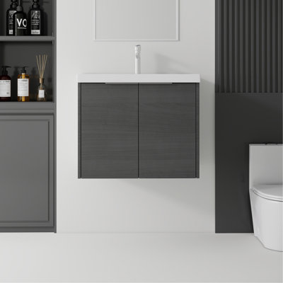Meuble-lavabo flottant 24 po avec lavabo, porte à fermeture en douceur, évier en céramique, contreplaqué, gris