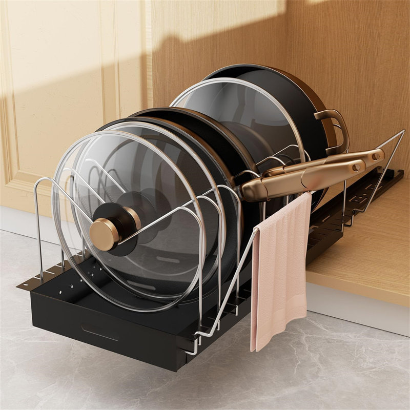 Under-cabinet pull-out pot rack with adjustable divider, handle bracket and pull-out shelf, suitable for storing pots and pans and lids, space-saving, practical and convenient.