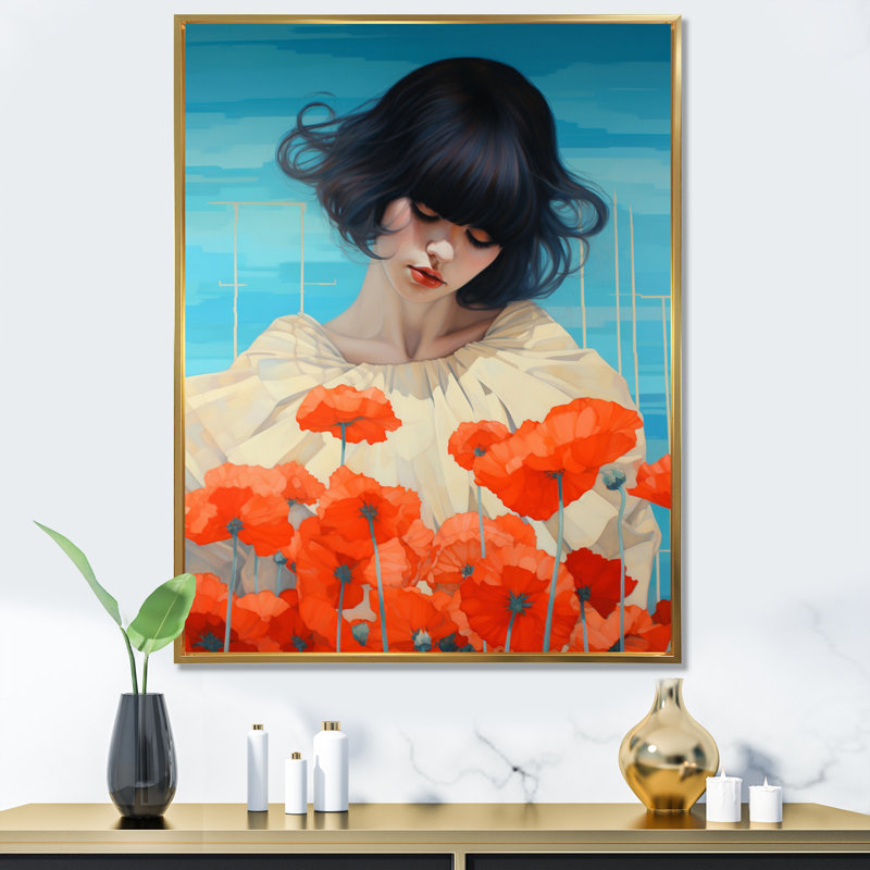 Jeune femme dans un champ de coquelicots rouges I sur toile, H 40 po x l 30 po x P 1,5 po, Cadre flottant doré
