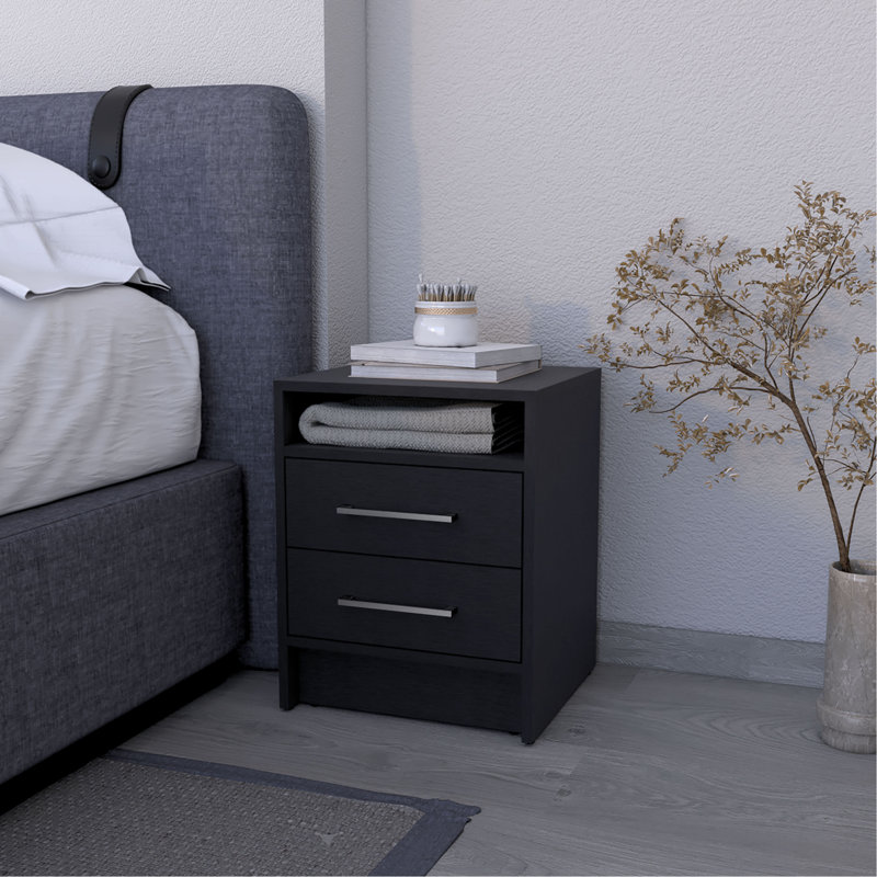 Nightstand, Two Drawers, Concealed Shelf, Black