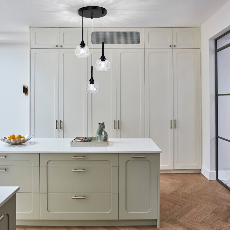 3-Light Cluster Pendant Lamp With Hammered Glass