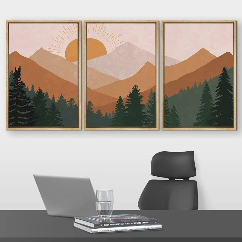 «Pastel Rising Sun Mountain Forest Abstract Nature», ensemble de 3 impressions, H 24 po x l 48 po, Toile avec cadre flottant