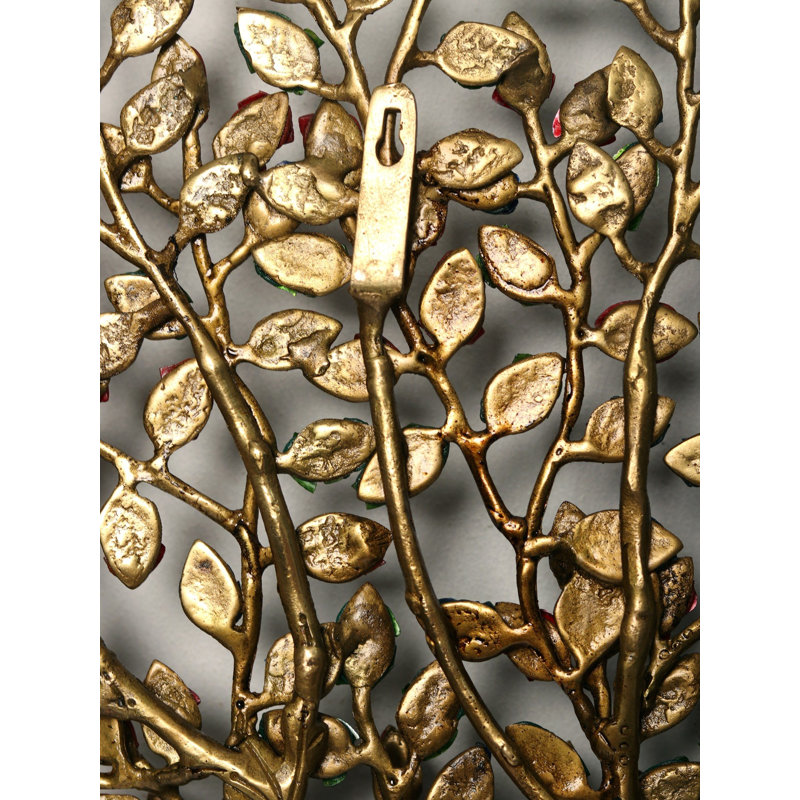 Arbre de vie, art mural en métal - Grande sculpture murale en laiton fabriquée à la main de 27 po avec incrustation colorée, pièce décorative pour le salon