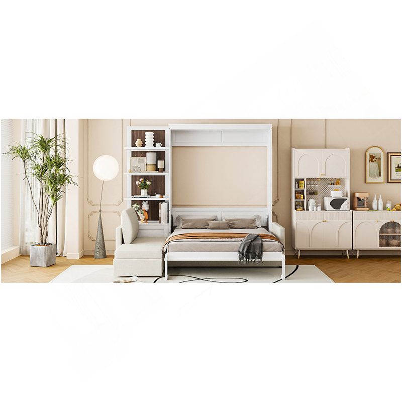 Grand lit escamotable mural avec canapé et tablettes, blanc