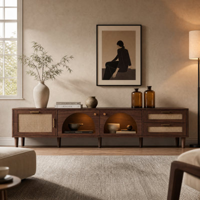 86.6" Rattan TV Stand with LED Lights TVs up to 90", Entertainment Center with App Controlled, Walnut