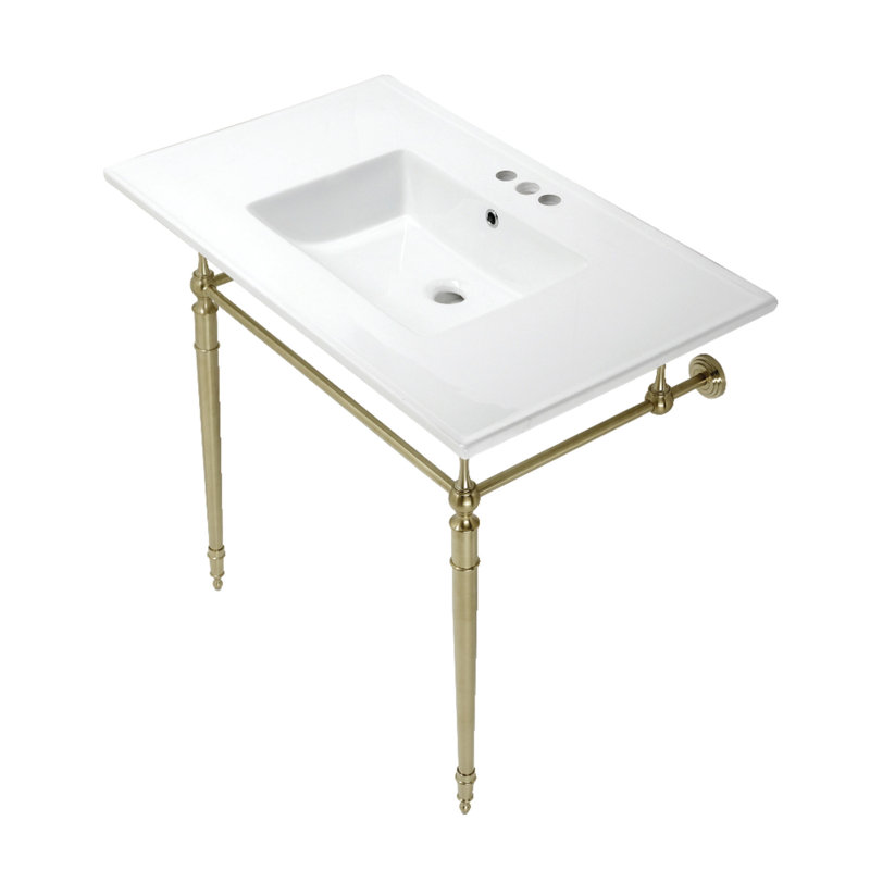 Lavabo de salle de bain console rectangulaire en céramique avec trop-plein Edwardian, Nickel poli / blanc, Centres de 4 po