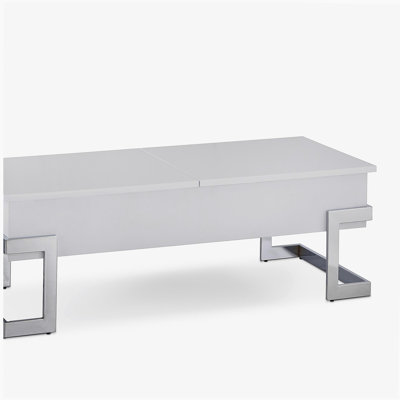 Table basse blanche brillante et chromée avec plateau relevable