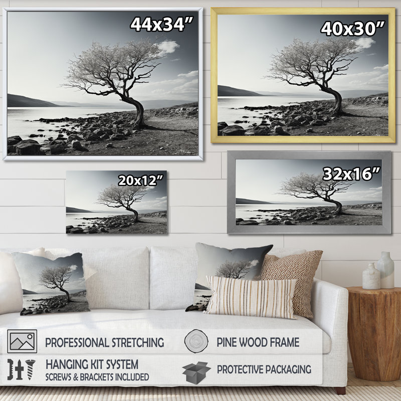 Magnifique arbre en noir et blanc, photographie de lac - art mural lac, H 12 po x l 20 po x P 1 po, Cadre flottant noir