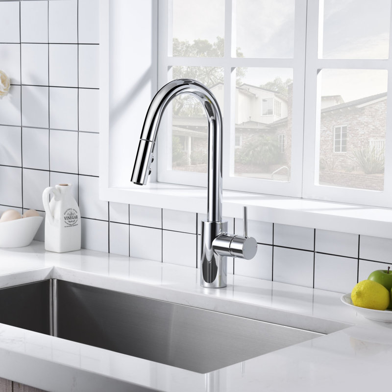 Euro Collection High-Arc Single Handle Kitchen/Bar Faucet with 2-Function Pull-Down Spout Sprayer - Chrome Polished