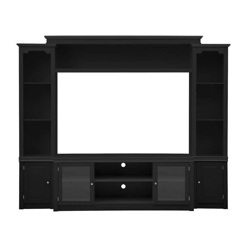 Meuble télé moderne avec bibliothèque pour téléviseur de 65 po ou moins, centre de divertissement avec 4 tablettes réglables, portes en verre trempé, armoire de rangement, grand meuble télé