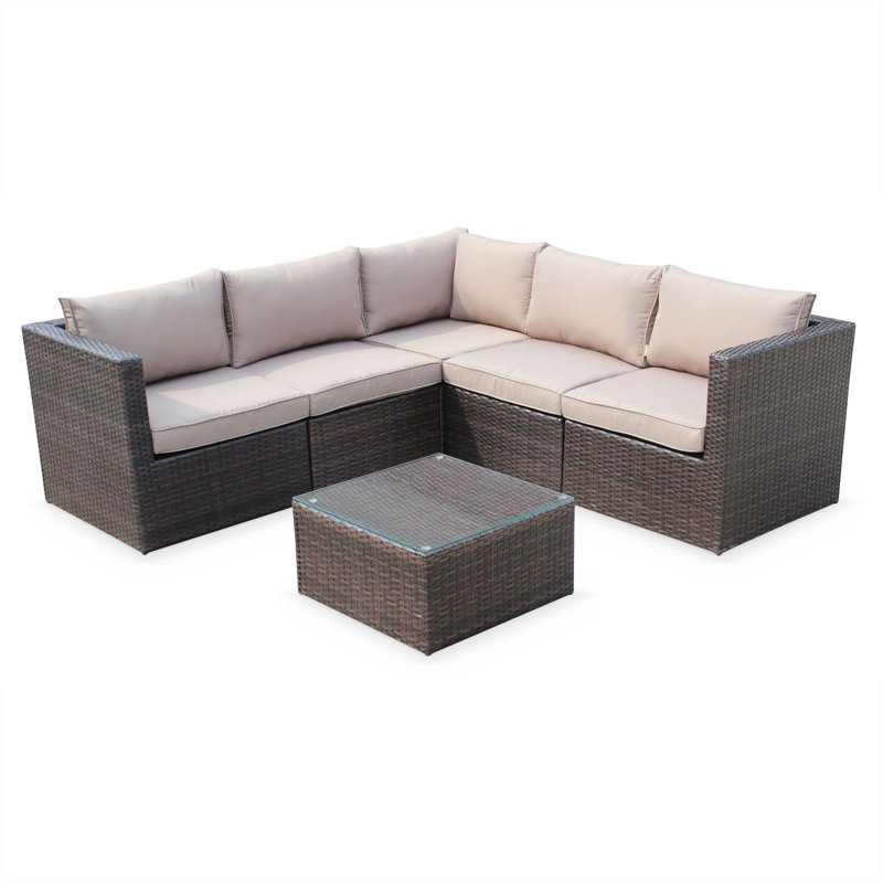 5-Seater Rattan Garden Furniture Sofa Set Table, Brown, Brown