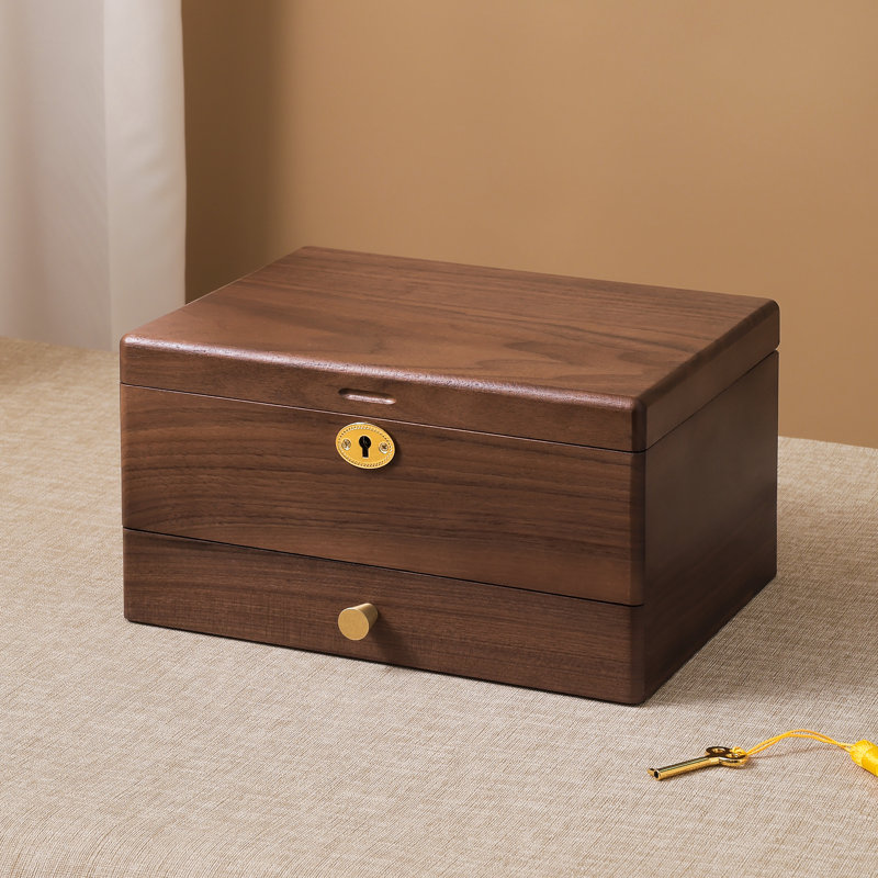 Boîte à bijoux verrouillable en bois de noyer noir, organisateur à 3 couches avec serrure et clé pour colliers, bagues et boucles d'oreilles.