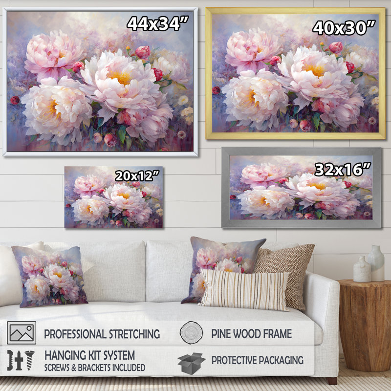 Rose et blanc pivoines charme I - pivoines, impressions sur toile, H 24 po x l 32 po x P 1 po, Cadre flottant doré