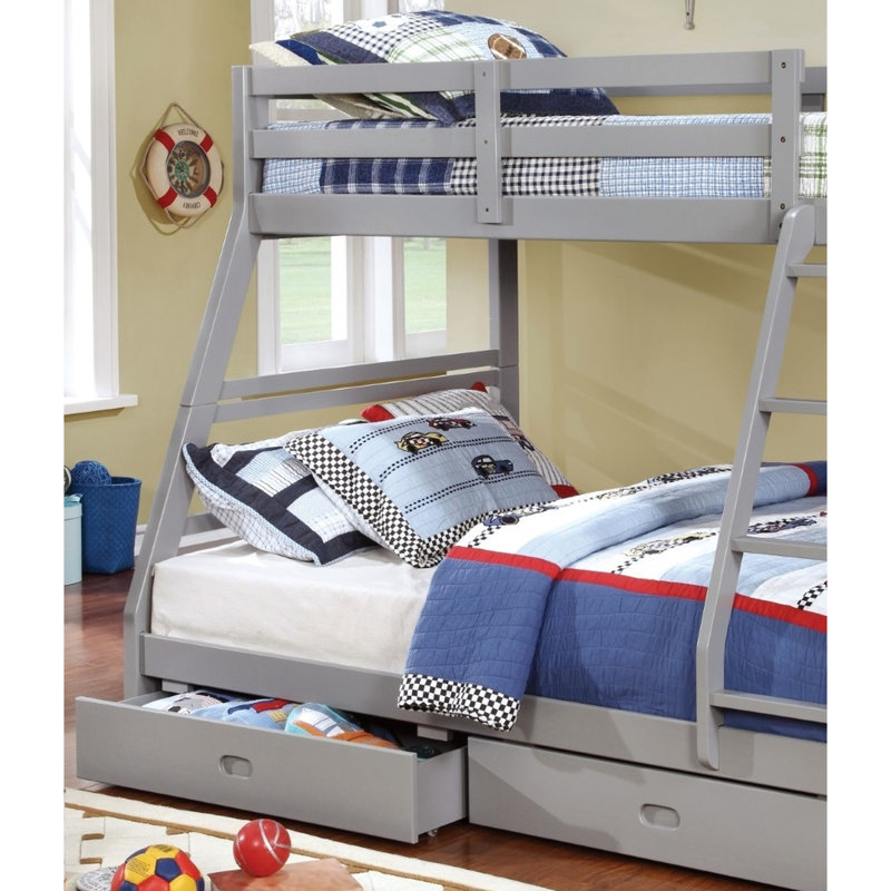 Lit superposé simple au-dessus d'un lit double transitionnel en bois massif avec finition grise, deux tiroirs de rangement, attachés et 10 pièces Structure à traverses à lattes dans le cadre, conception à grandes lattes sécurisées