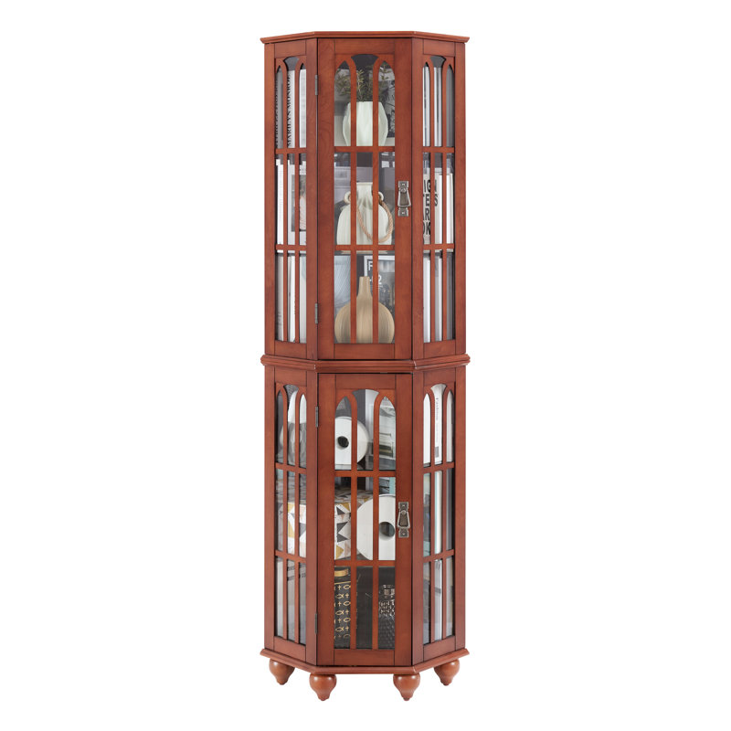 Vitrine de coin en bois massif avec tablettes en verre trempé et tablettes réglables, Walnut