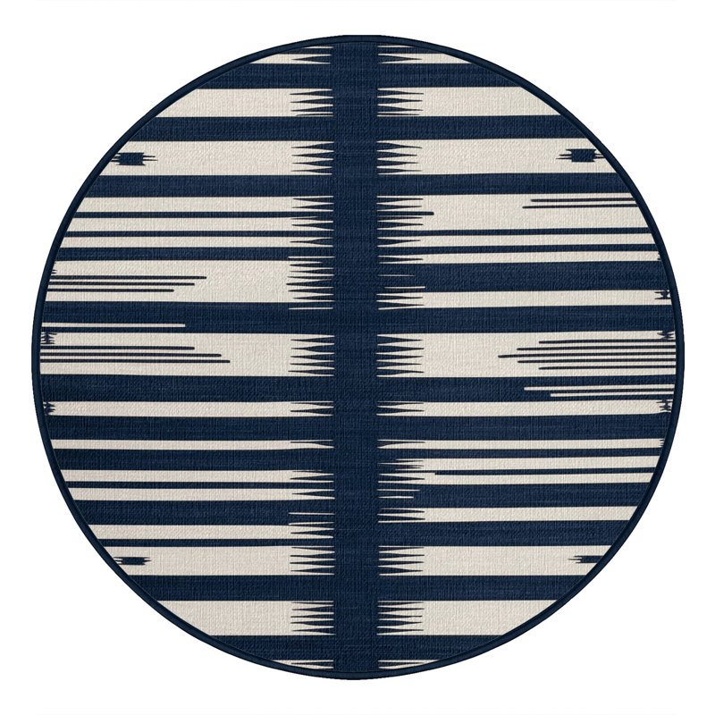  Tapis lavable rayé blanc marine, Rond 5 pi