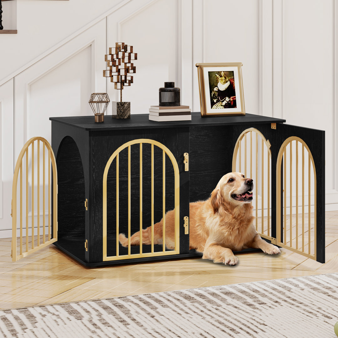 Dog Crate Furniture, 100 cm Wooden Dog Crate, Indoor Kennel for Small/Medium/Large Dogs, End Side Table Animal Crates, Anti-Chew, Anti-Escape, Arched