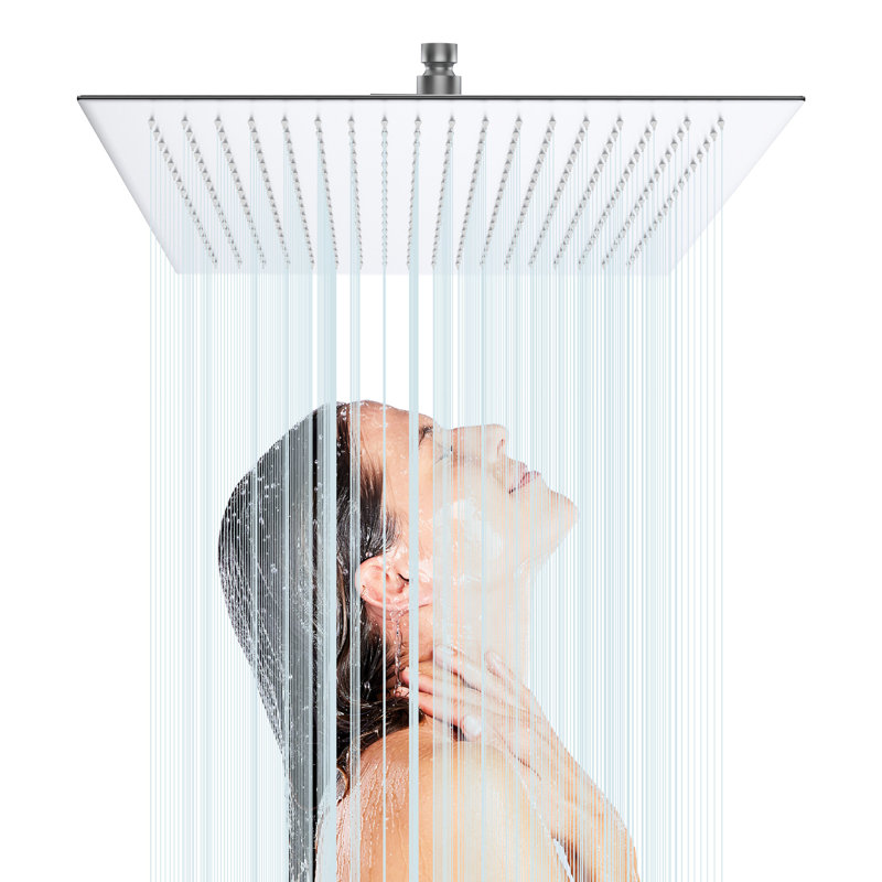 Douche carrée de 40 cm (16 po) - Acier inoxydable, haute pression, buses anti-obstruction, rotation à 360°, finition nickel brossé, pommeau de pluie 40 cm (16 po), acier inoxydable 304, réglable, revêtement anticorrosion