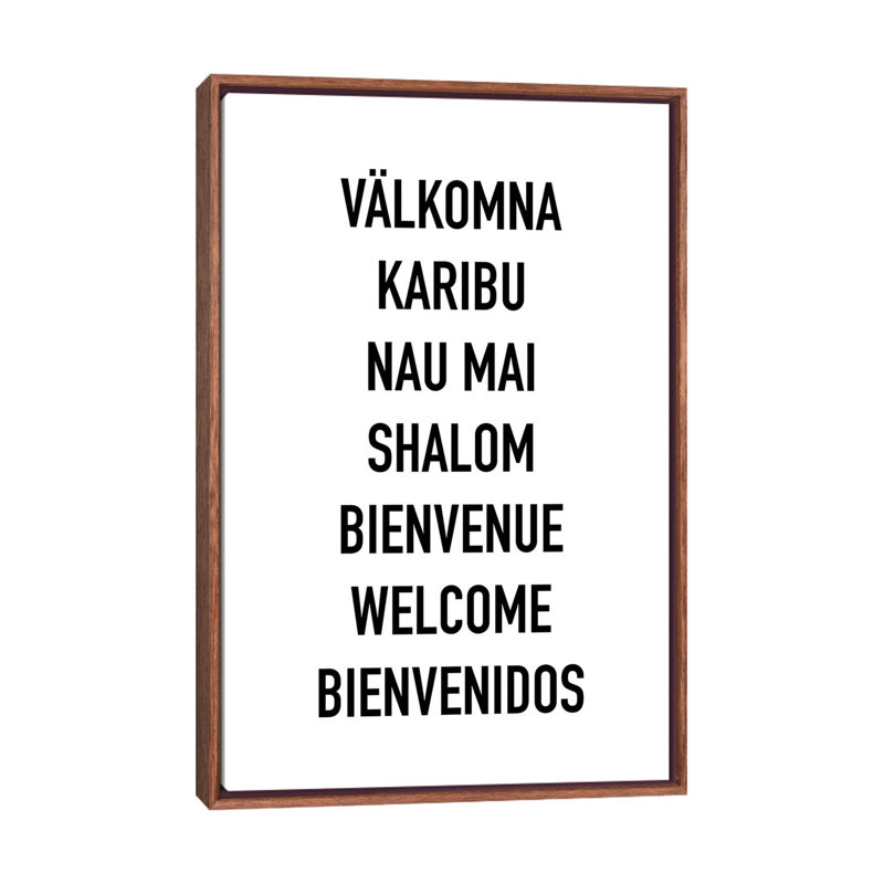 Welcome languages-impression d’art textuel, Pas de tapis, H 40 po x l 26 po x P 1,5 po, Toile classique avec cadre brun