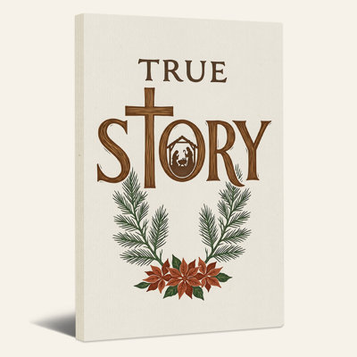 " True Story Text With Wooden Cross And Poinsettia Christmas " Painting