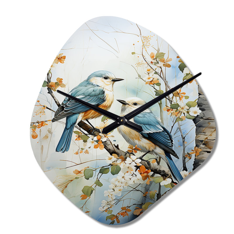 Birds On American Basswood Tree Bird - Arbres horloges murales asymétriques en métal, horloge murale bleue, Grand