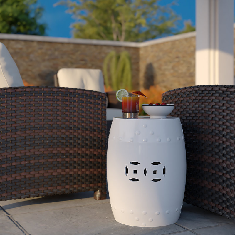 Optic White Ceramic Garden Stool with Double Medallion Design