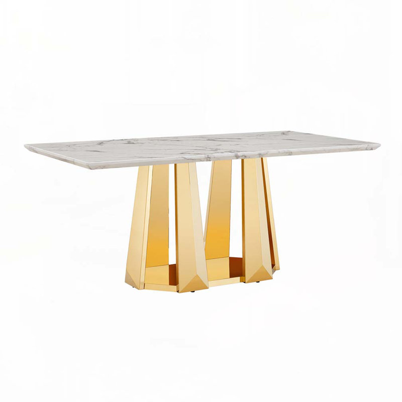 Table de salle à manger en faux marbre avec base en acier inoxydable, pour 6 personnes, Blanc, Doré