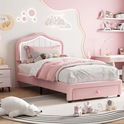 LED Upholstered Twin Bed Frame with Storage Drawer, Velvet Headboard, Wood Slat Support, No Box Spring Needed