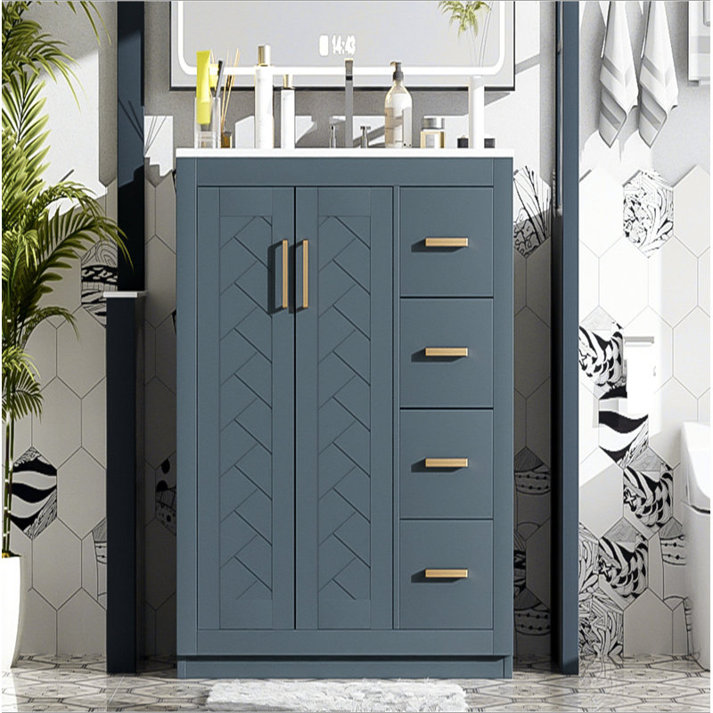 Ensemble de meuble-lavabo 36 po avec lavabo en céramique, armoire de rangement en bois massif, ensemble de meuble-lavabo autoportant avec 3 tiroirs et portes à fermeture douce