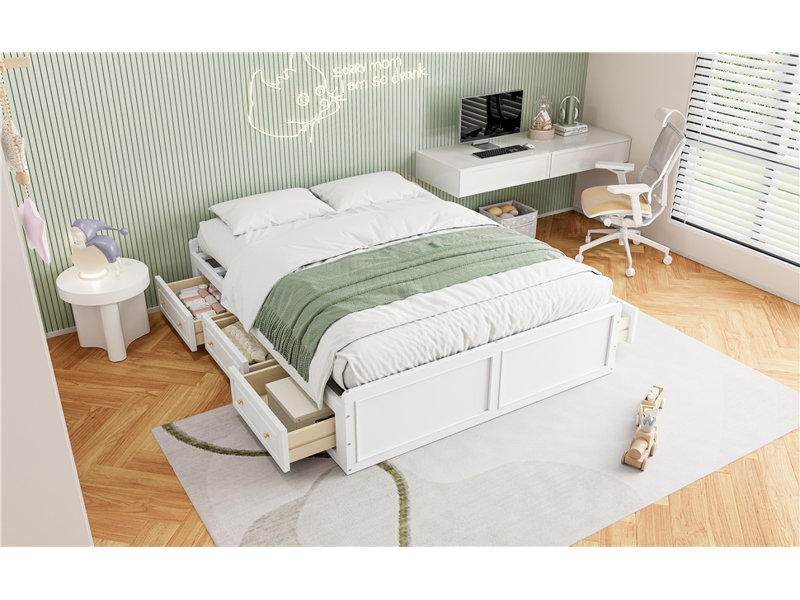 Structure de lit plateforme en bois grand format avec 6 tiroirs, blanc, Blanc