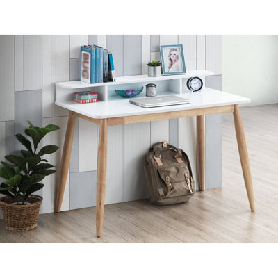 Bureau d'écriture Mid-Century moderne avec 3 tablettes en bois d'hévéa blanches et en bois massif de style l 43 po x P 23,4 po de hauteur et 43 po de largeur, 23,6 po de profondeur et 34,4 po de hauteur