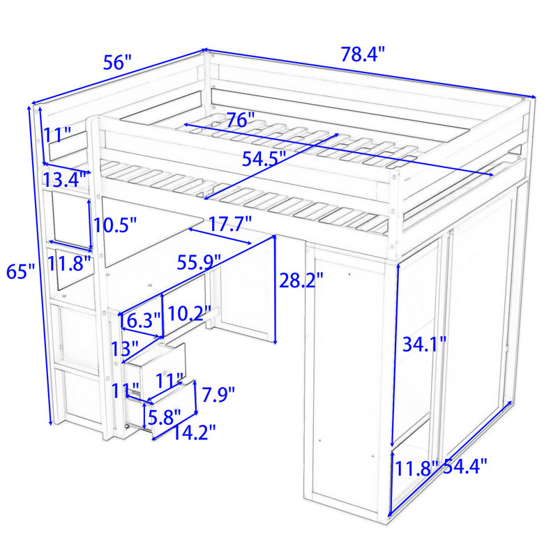Kaylor Wood Loft Bed with Wardrobes, Desk and 2 Drawers, Full, Gray
