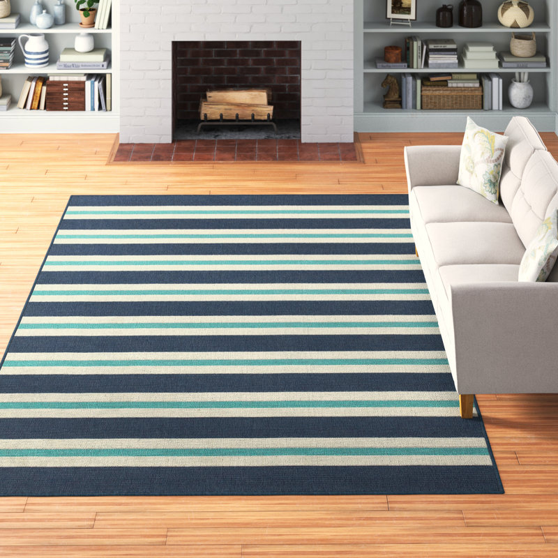 Tapis intérieur / extérieur rayé bleu / ivoire Triplehorn, Rectangle 3 pi 7 po x 5 pi 6 po