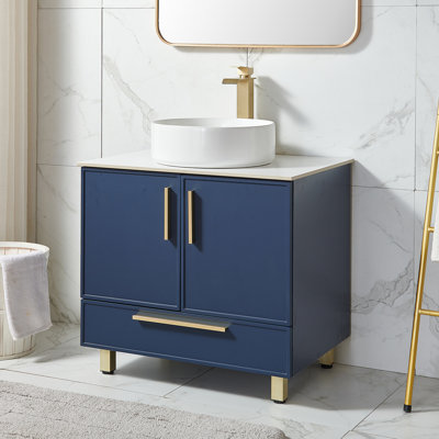 Meuble-lavabo simple autoportant bleu moderne 30 po avec comptoir rond en céramique Munha