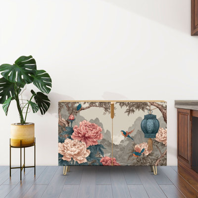 Buffet buffet avec rangement Lanterne chinoise hirondelles pivoines paysage de montagne brumeux avec 2 portes pour le salon et la cuisine