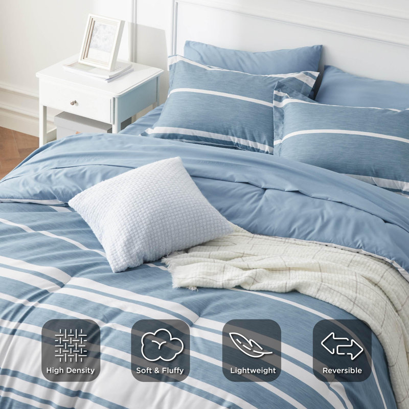 Bedsure Striped All Season Comforter Set, King Comforter + 6 Additional Pieces, Gray Blue