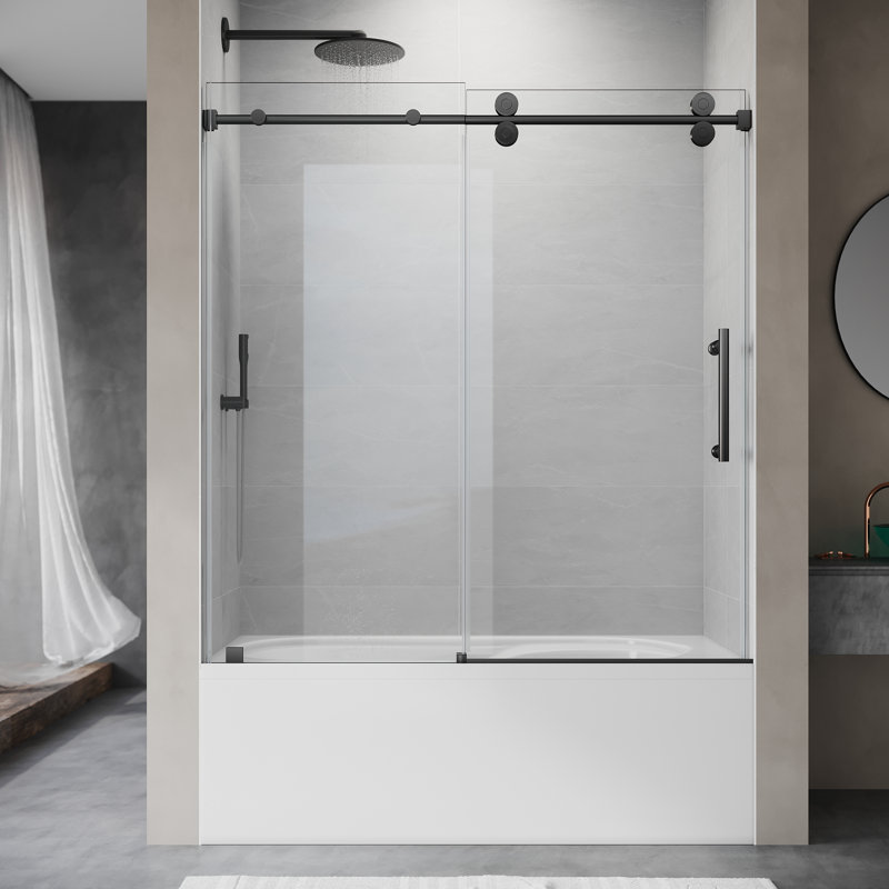 56" - 60" W x 66" H Sliding Frameless Tub Door, Matte Black