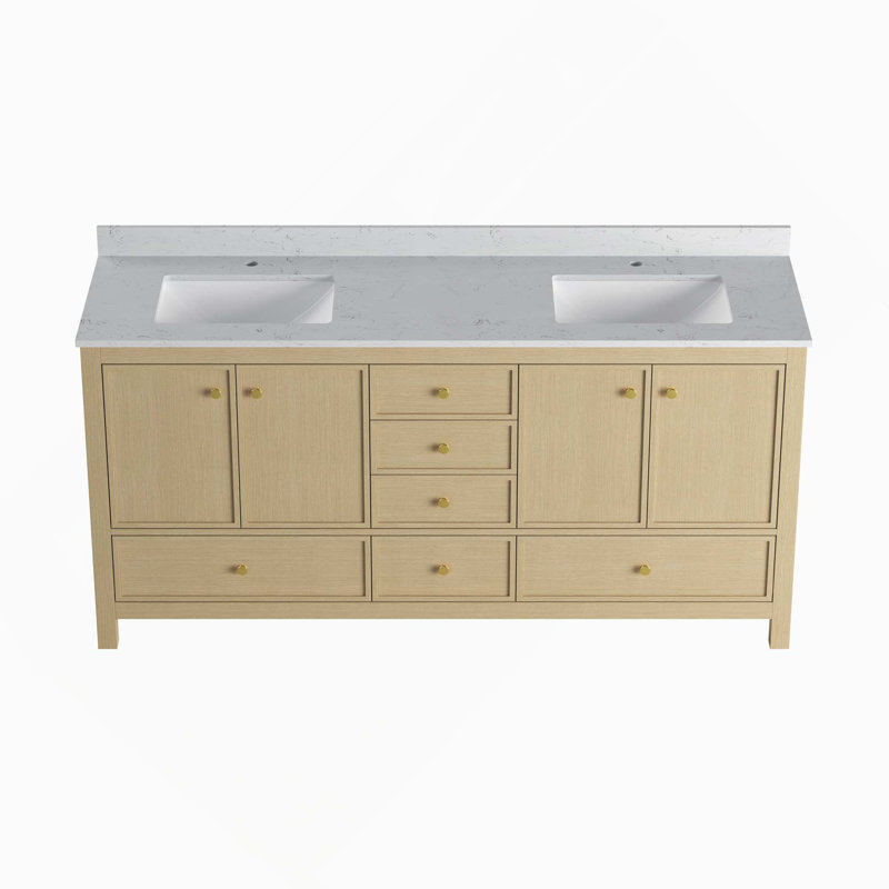 Meuble-lavabo double avec portes et tiroirs, 72", Bois naturel