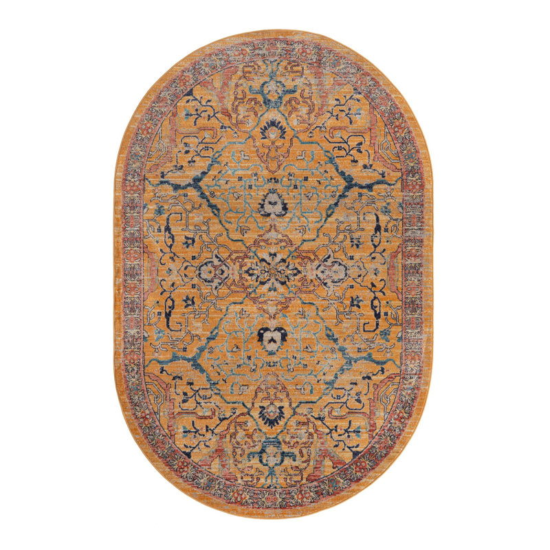 Tapis jaune / bleu / rouge Indigo, Ovale 5 pi 3 po x 8 pi