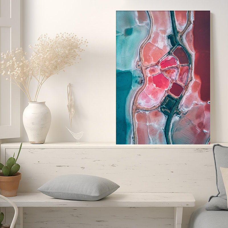 Art mural sur toile rose et bleu sarcelle avec vue aérienne, 24"H x 16"W