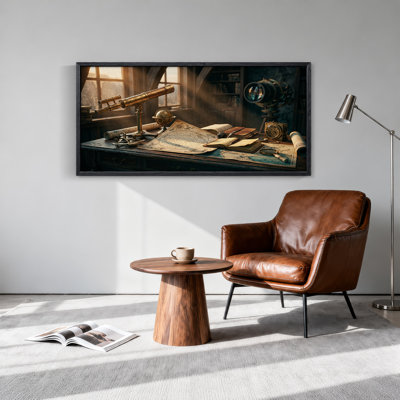 Brass Telescope, Globe and Star Chart on Wooden Desk Canvas Wall Art