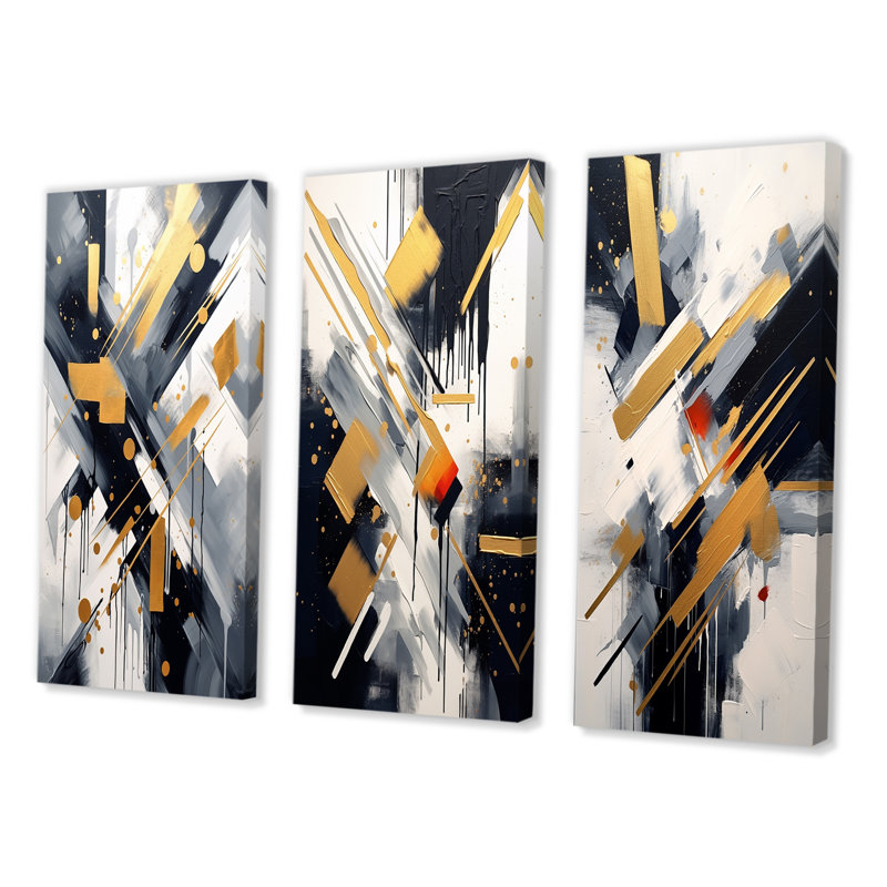 «Black And Gold Profondeur Corner», 3 pièces sur toile, Toile tendue, H 40 po x l 60 po