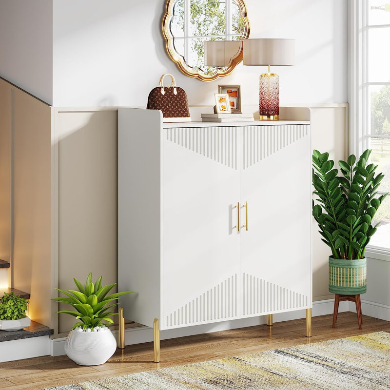 20 Pair Shoe Cabinet with Doors, 5-Tier Entryway Shoe Storage Cabinet, White/Gold