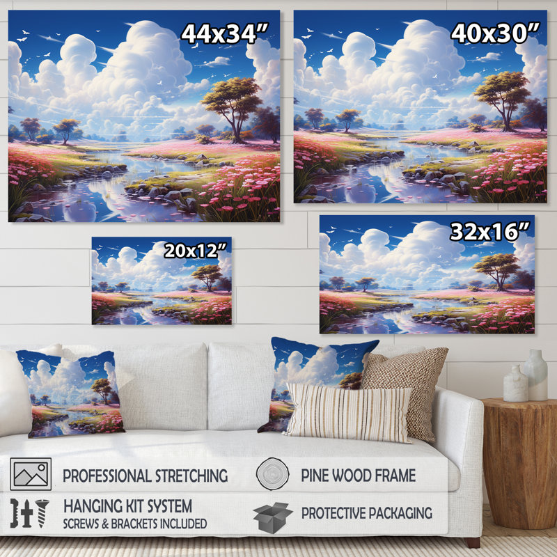 «White Clouds Vibrant Blue Sky Pink Meadows» sur toile, Cadre flottant doré, 16" H x 32" W