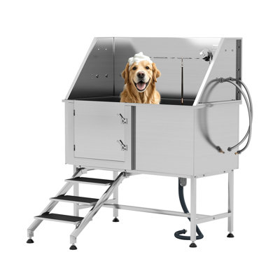 Ysacne Stainless Steel Dog Grooming Tub with Non-Slip Steps, Adjustable Sprayer & Faucet – Professional Pet Washing Station for Small & Medium Dogs (Silver)