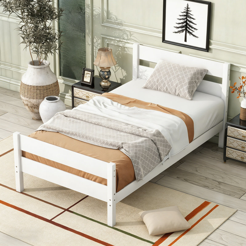 Structure de lit simple en bois d'hévéa avec tête et pied de lit - Lit plateforme en bois massif, conception robuste, Blanc