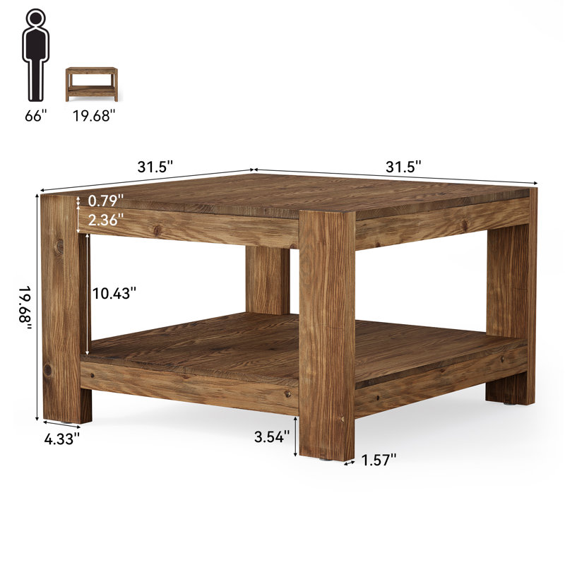 Table basse 31,5 "carrée en bois massif, table basse 2 niveaux