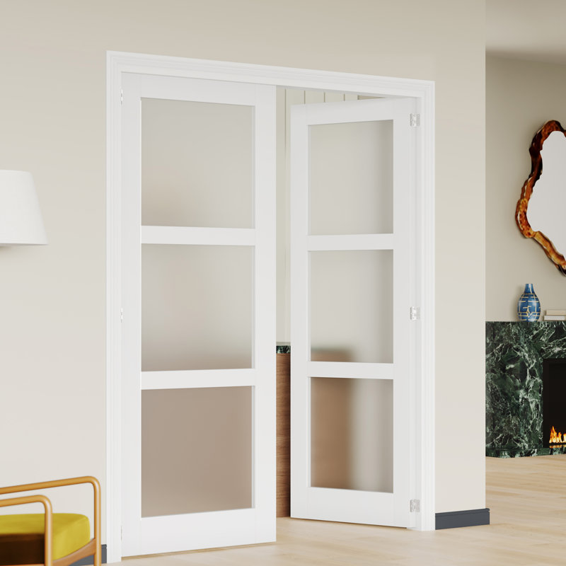 Portes intérieures doubles avec cadre assorti - Portes intérieures en panneau de fibres à densité moyenne à 3 panneaux pour espaces modernes équilibrés
