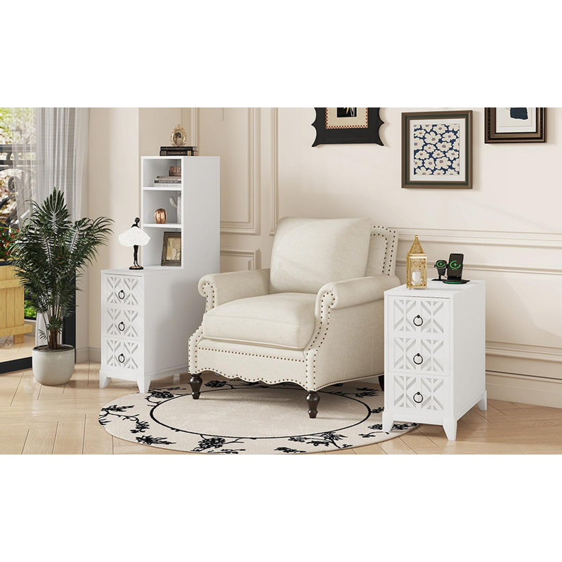 End Table with 3 Drawers, Charging Station and 2 Open Shelves – Tall Side Table for Bedroom and Corner
