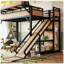 Lit simple mezzanine en métal naturel avec glissière, tablettes de rangement, garde-robe intégrée et lumières DEL